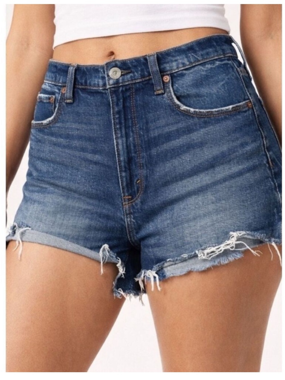 Abercrombie & Fitch Faded Blue High-Rise Frayed Denim Shorts
